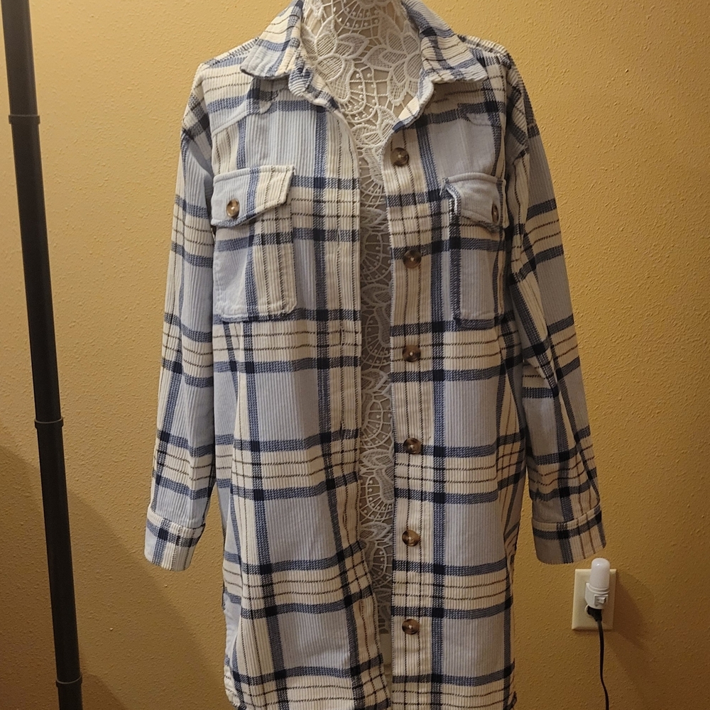 Maurices Navy and White Plaid Courdory Shacket